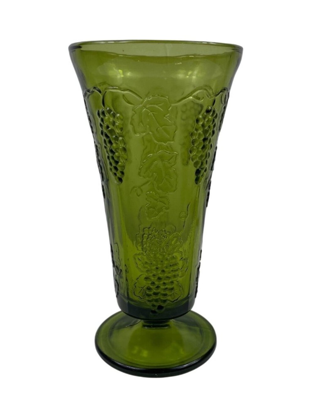 Vintage Indiana Glass Tall Footed Vase Harvest Grape Pattern Colony Green 9 3/4"